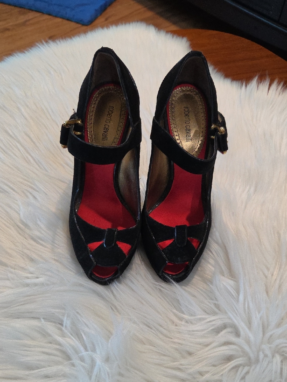 Preloved.  Roberto Cavalli Black Suede Mary Jane Peep-Toe Heels with Red Insole